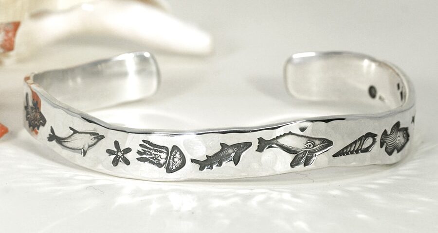 'Sealife' sterling silver wavey profile cuff with hammer beat finish john miller design