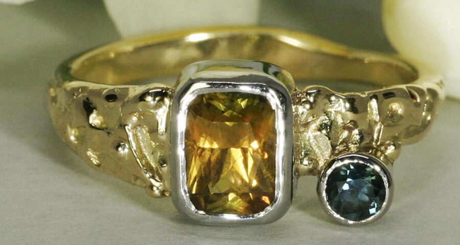 'Blue and Gold' 18ct fused yellow gold 1.35ct Mekong Whiskey & 0.12ct Blue Australian Sapphires