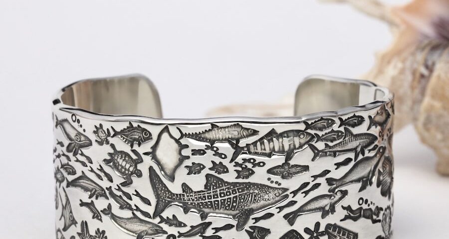 "A Whale Shark's Journey" wide sterling silver Underwater Story cuff