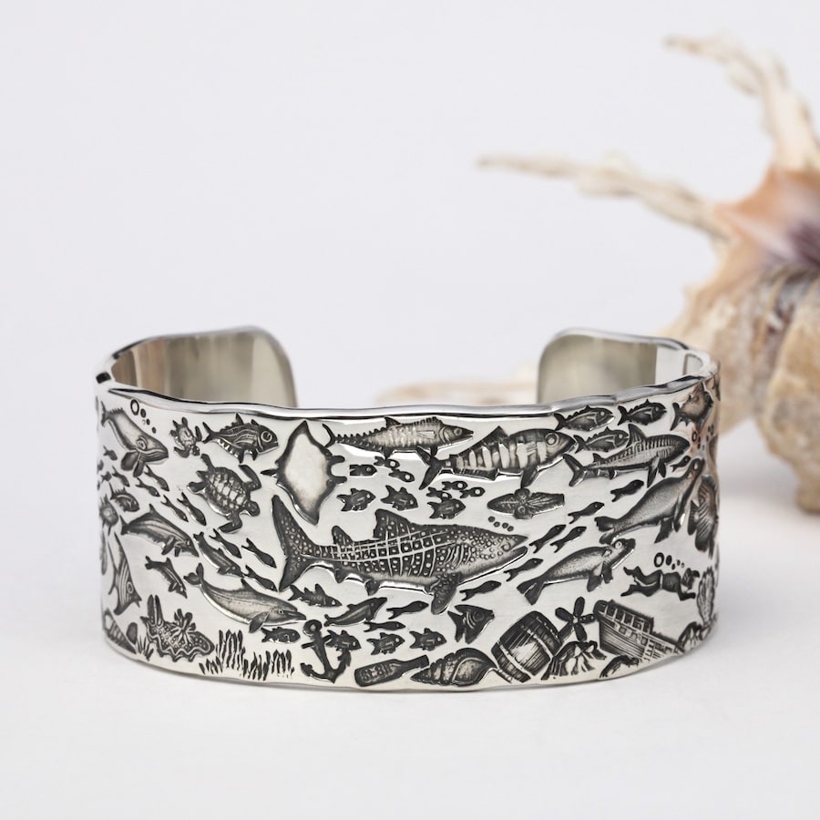 "A Whale Shark's Journey" wide sterling silver Underwater Story cuff