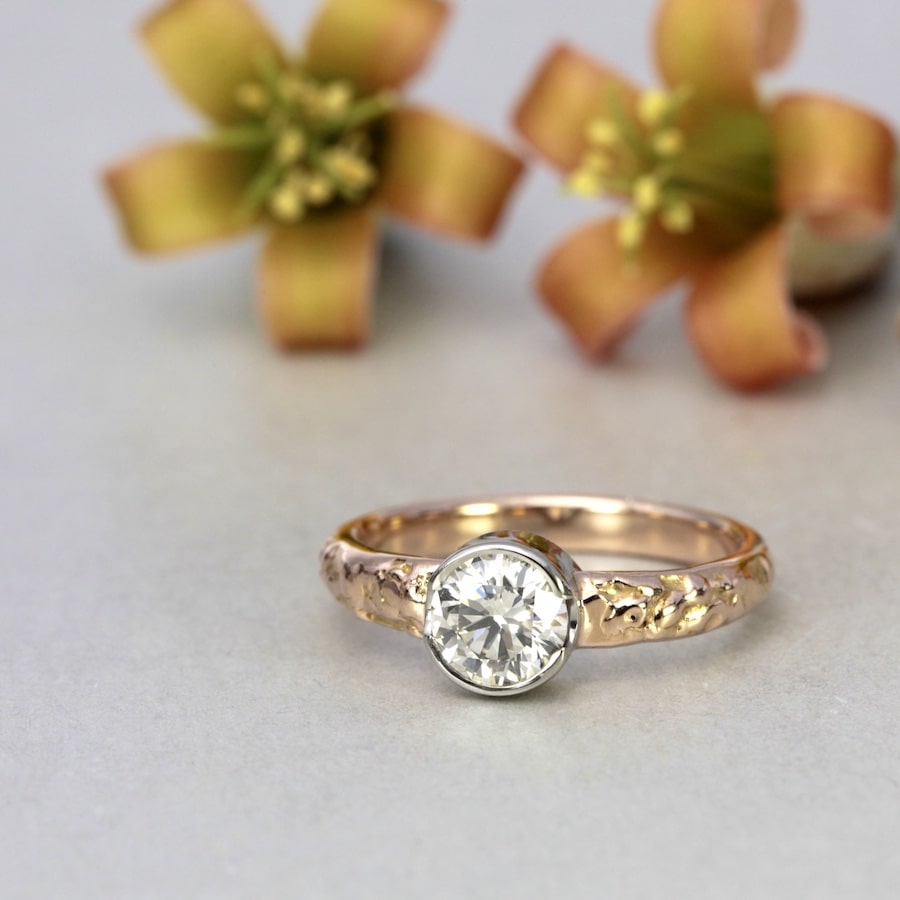 "Champagne Supernova" 18ct fused rose gold ring with champagne diamond in white gold bezel