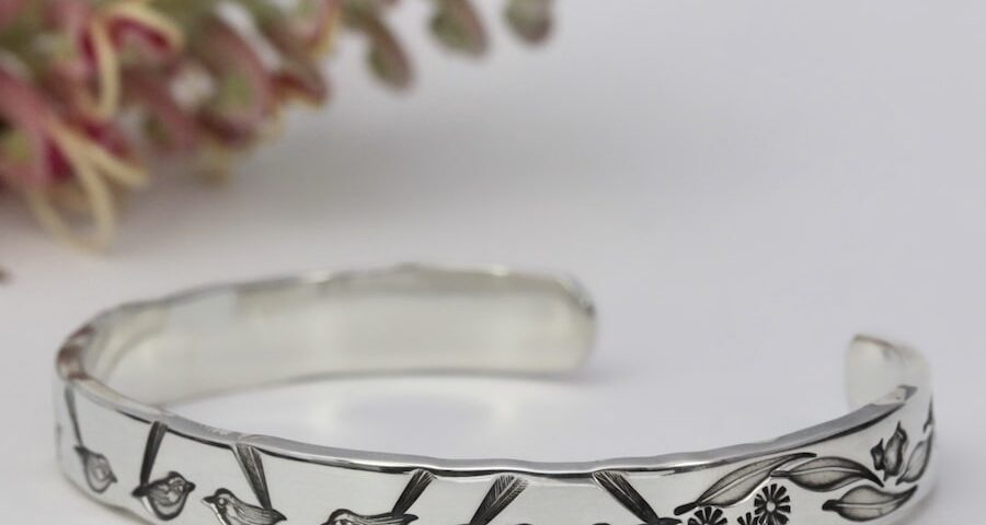 "Garden Gathering" sterling silver cuff with Wrens and Gumleaves