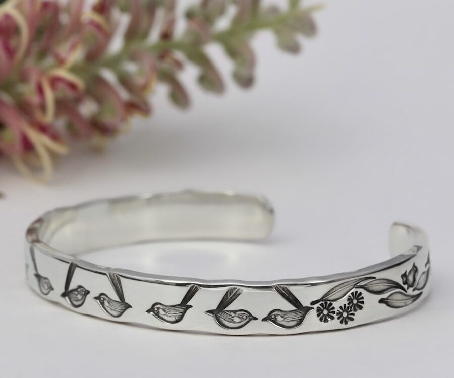 'Garden Gathering' sterling silver cuff with Wrens and Gumleaves john miller design