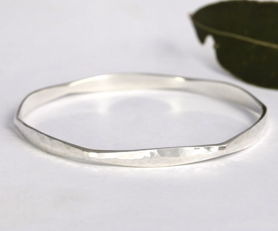 'Hexagonal Delight' forged sterling silver bangle with hammer beat finish john miller design