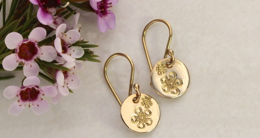18ct gold Geraldton Wax flower small circle earrings john miller design