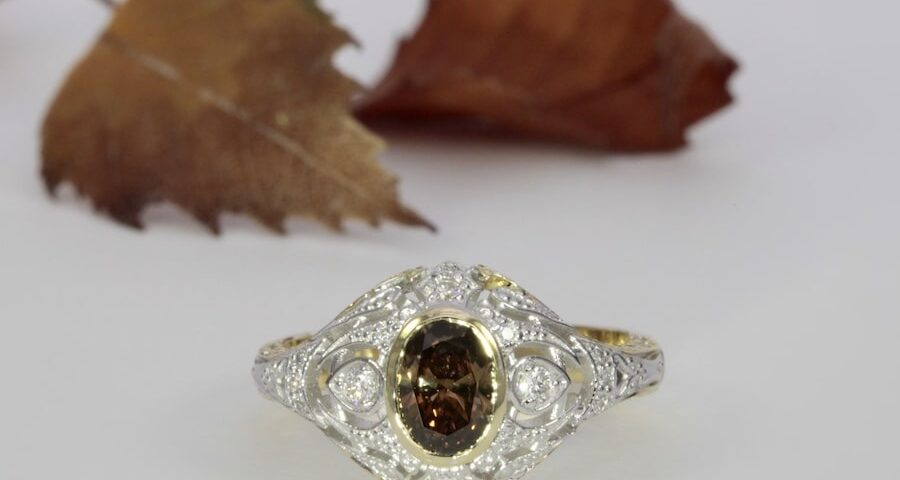 'Cognac on Ice' 18ct yellow, white gold ring set with 0.68CT cognac diamond and white diamonds TDW 0.33ct john miller design