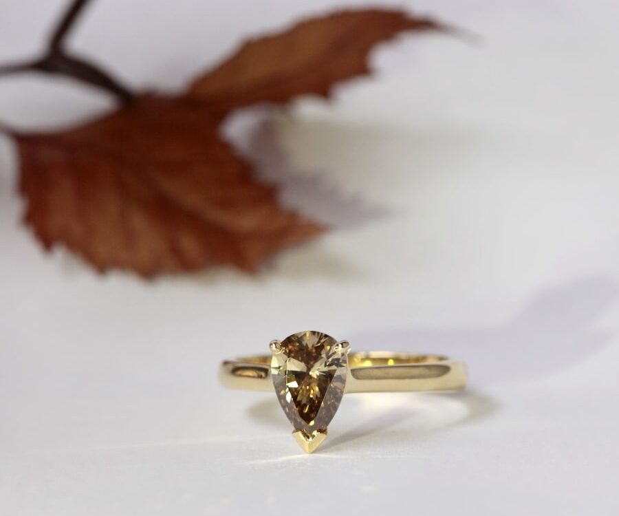'Copper Dawn' 18ct gold ring set with 1.33ct C5 VVS Pear Argyle Diamond john miller design
