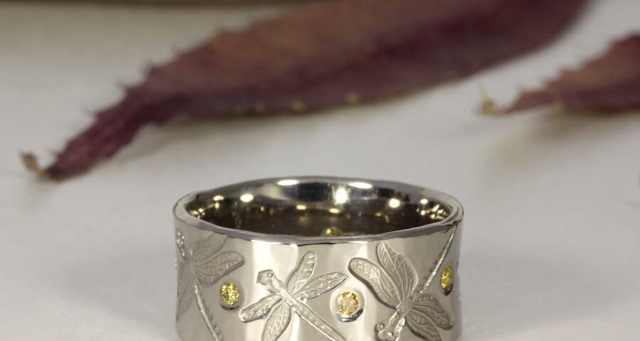 'Dragonflies & Diamonds' 18ct white gold ring set with 6 fancy intense yellow diamonds john miller design