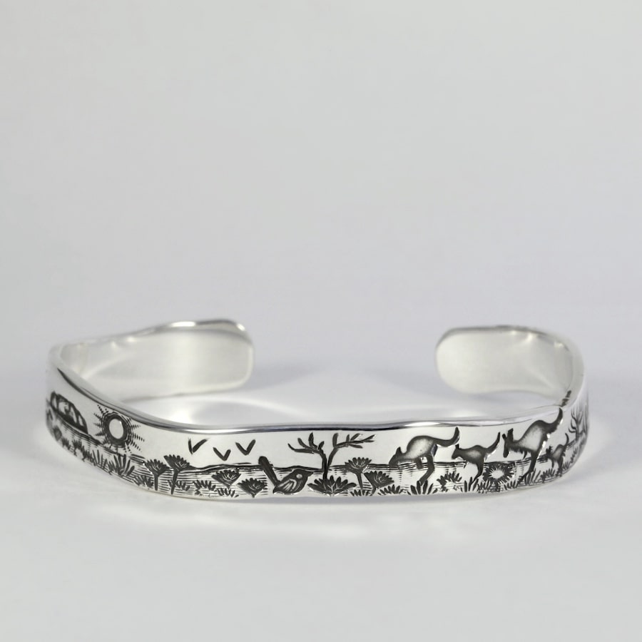 'Outback Birds' sterling silver handcrafted cuff with an Outback Story john miller design