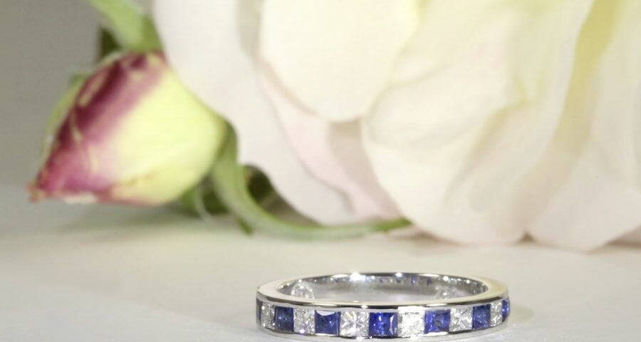 'Sapphires & Diamonds' 18ct white gold ring set with 7 princess cut sapphires & 7 princess cut GVS diamonds john miller design