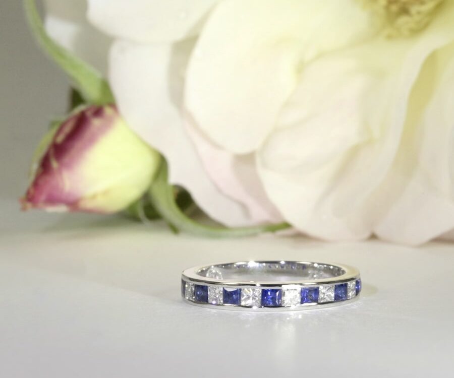 'Sapphires & Diamonds' 18ct white gold ring set with 7 princess cut sapphires & GVS diamonds