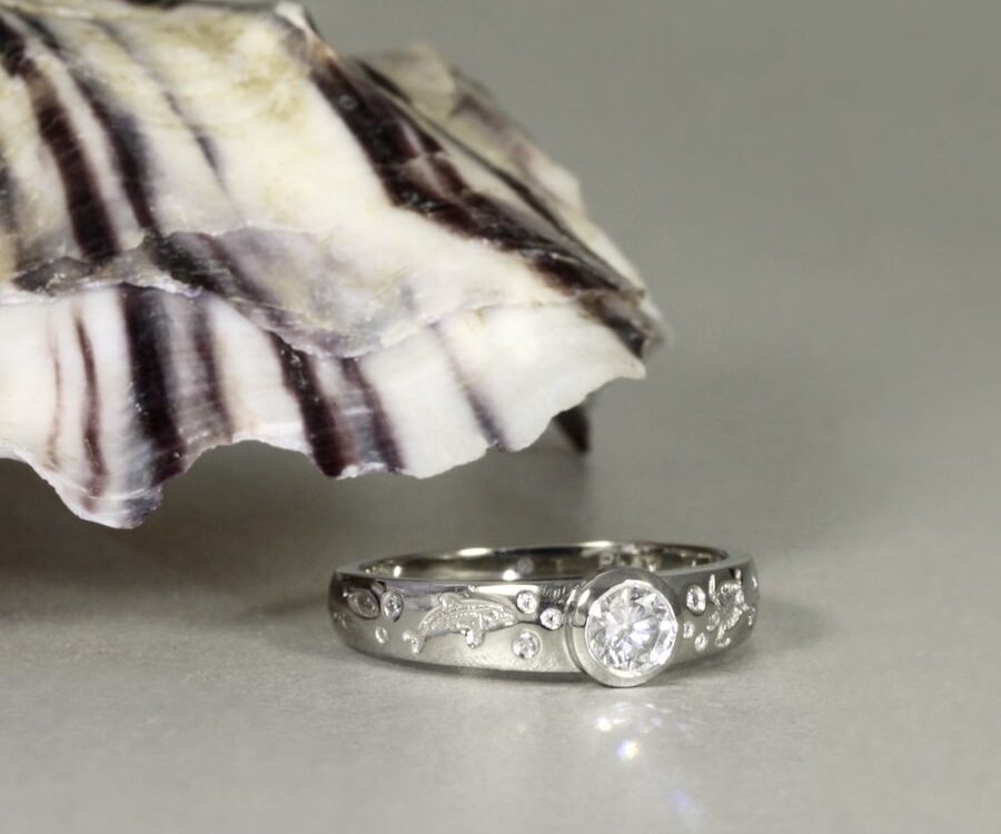 'Geographe Bay' Platinum Ring with Turtle Dolphin Design 0.30ct diamond