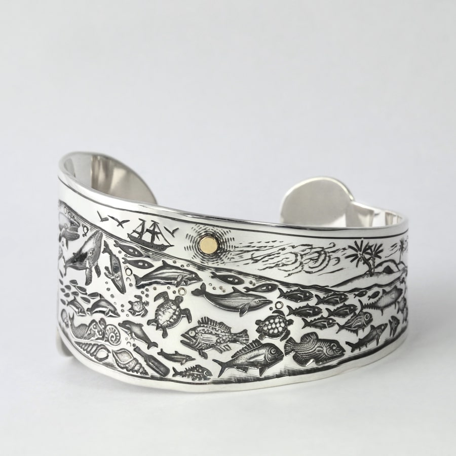 'My Island Home' Sterling Silver Wide Tapered Above and Below Water Story Cuff