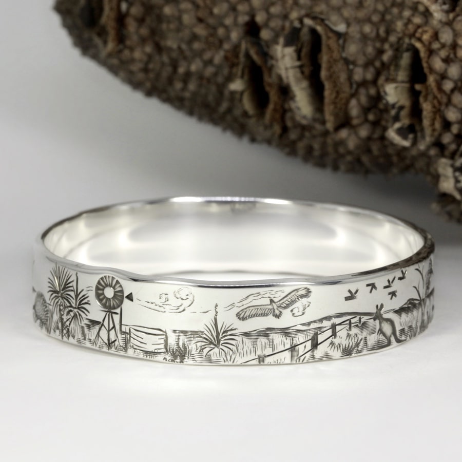 'Outback Story' Handcrafted Sterling Silver Bangle
