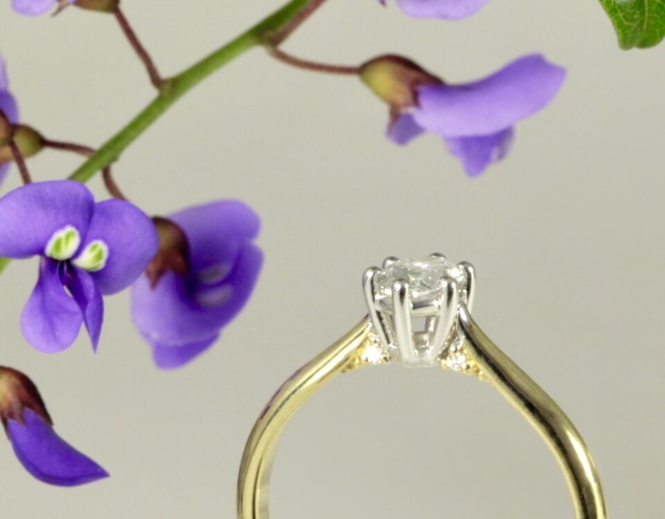'Treasure' 18ct Yellow White Gold Solitaire Ring with 1 x 0.40ct ESI Oval, 4=0.02ct FVS RBC diamonds
