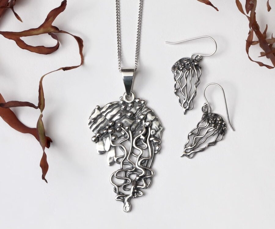 Sterling Silver Fused Jellyfish Pendant and Earrings